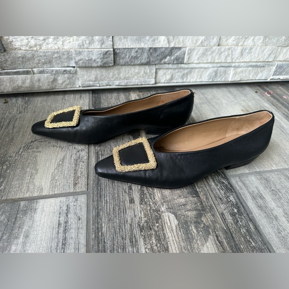 SAM EDELMAN x ANTHROPOLOGIE Janina Leather Pointed Toe Flat Gold Buckle Sz 10 - Picture 7 of 13